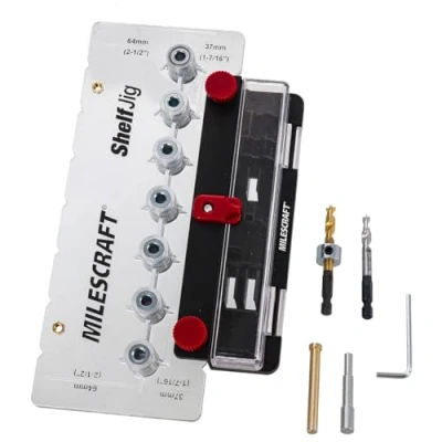 Immagine di Milescraft 1343 Shelf Jig Crea ¼ in. e fori per perni da 5 mm armadietti. Spaziatura standard di 32 mm. La maschera della mensola include due punte trapano