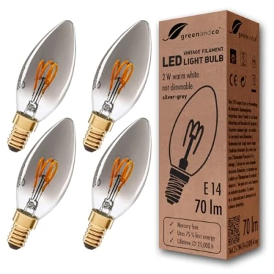 Immagine di greenandco 4x Lampadina a filamento LED Vintage grigio argento E14 C35 2W 70lm 1800K (bianco caldo) 360 230V AC Vetro, nessun sfarfallio, non dimmerabile