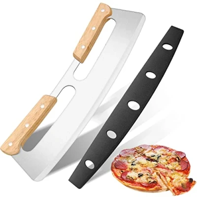 Immagine di KUONIIY Tagliapizza, Tagliapizza a Mezzaluna con Doppio Manico in Legno, Affetta Pizza Acciaio Inox Custodia di Protezione, per Tagliare Pizza, 14&quot;