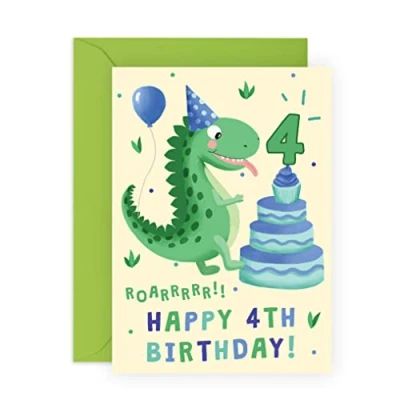 Immagine di Central 23 Biglietto di auguri per il 4 compleanno con dinosauro quarto del nipote pietra miliare Viene fornito divertenti adesivi Made in UK