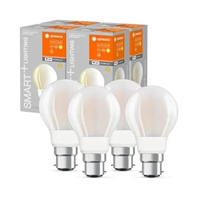 Immagine di LEDVANCE Lampada Smart LED con Wifi, base B22d, dimmerabile, bianco caldo, forma della lampadina, glassato, sostituzione per lampadine 60W, controllabile Alexa, Google &amp; App, confezione da 4