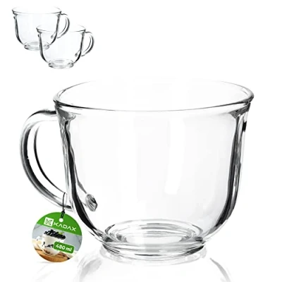 Immagine di KADAX bicchieri da tè con manico, 480 ml, in vetro, lavabili lavastoviglie, per bevande calde e fredde, tazze caffè, succo, vetro (480 ml/2 pezzi)