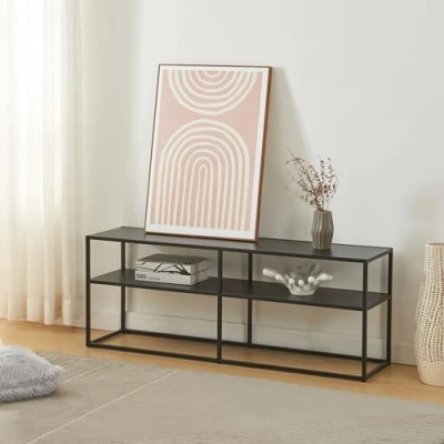 Immagine di [en.casa] Mobile TV Tavolino Porta Consolle Bassa a 2 Piani di Appoggio Stand e Centri Multimediali 120 x 30 46 cm Acciaio Nero