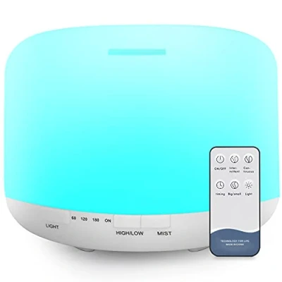 Immagine di 500ml Diffusore di Oli Essenziali, Senza BPA Umidificatore ad Ultrasuoni con Telecomando e 7 Diverse Luci Mutevoli Spegnimento Automatico Acqua,Bianco