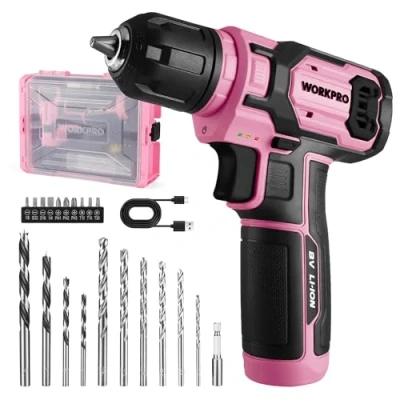 Immagine di WORKPRO Cacciavite a Batteria 8V, Elettrico, Trapano Avvitatore Velocità Variabile, Ricaricabile, Luce LED, con 21 Accessori, Rosa