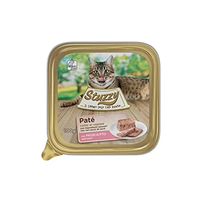 Immagine di Stuzzy, Cibo Umido per Gatti Adulti al Gusto Prosciutto, Linea Paté e Carni in Pezzi Totale 3,2Kg (32 Vaschette da 100G)