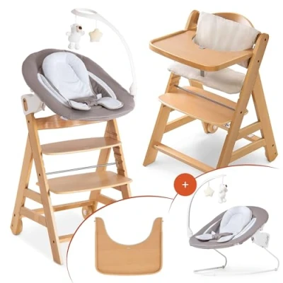 Immagine di hauck Alpha Move Set Deluxe Seggiolone in Legno Evolutivo Da 0 Mesi Sedia Bambini Regolabile con Sdraietta Neonato Reclinabile, Cuscino e Vassoio Naturale, Sabbia