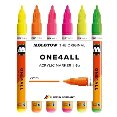 Immagine di Molotow One4All 127HS Set di 6 pennarelli acrilici neon (spessore del tratto 2,0 mm, altamente coprenti e permanenti, ad asciugatura rapida, ricaricabili, per quasi tutte le superfici, pezzi