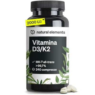 Immagine di vitamina D3 + K2 MK 7 all trans &gt;99,7% e 2.000 U.I. 240 compresse ad alto dosaggio, elevata biodisponibilità senza additivi inutili