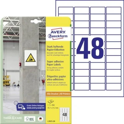 Immagine di Avery Zweckform L7873 20 Etichetta super resistente 45.7 x 21.2 mm Carta Bianco 960 pz. a tenuta permanente, forte Stampante getto dinchiostro,