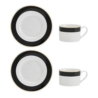 Immagine di Mikasa Luxe Deco Set con tazza da tè e piattino in porcellana, 2x tazze piattini motivo a righe, 200 ml Confezione regalo lavabile lavastoviglie