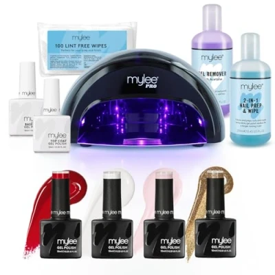 Immagine di Mylee Kit completo professionale in gel per unghie, 4 colori top &amp; base coat, Pro Convex Curing, lampada a LED, soluzione prep Wipe, Remover, 100 salviette senza pelucchi (Natale)