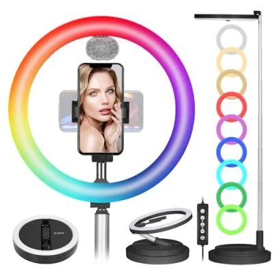 Immagine di TARION luce ad anello pieghevole con supporto, portatile, 11,8 pollici, per selfie, RGB, 17 modalità di colore, circolare supporto telefono e scarpa fredda,