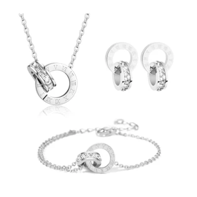 Immagine di RPAEOY Parure Gioielli per Donna Ragazze Numeri Romani con Zircone Acciaio Inossidabile Placcato Oro 18 Carati Argento Pendente Collana Orecchini Bracciali Set Sposa Regalo (Oro)