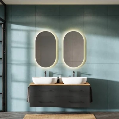 Immagine di Planetmöbel LUX Set di mobili da bagno con mobiletto 140 cm, sospeso, 2 lavabi 42 colore: bianco, lavabo dorato/antracite
