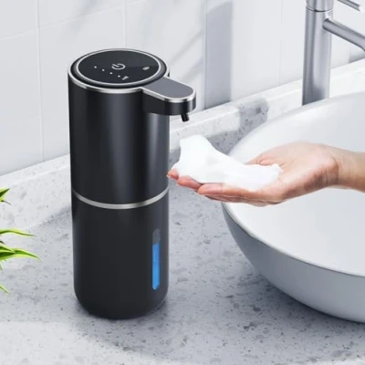 Immagine di Dispenser di sapone automatico, 380 ml, fissaggio a parete, senza contatto, con sensore, ricaricabile, USB, per bagno, cucina, ufficio, nero