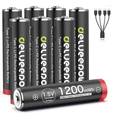 Immagine di Delyeepow 1.5V USB C Batterie AAA Ricaricabili 1200mWh, Pile Litio 1500 Cicli con Cavo C, 8 pezzi