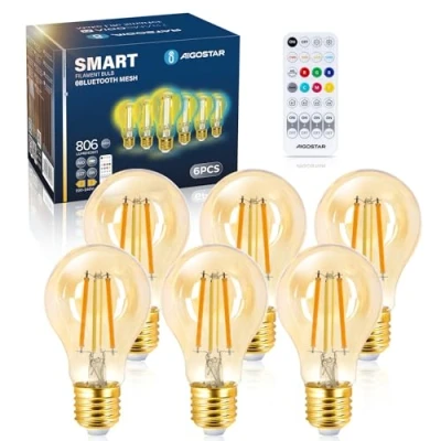 Immagine di Aigostar Mesh Lampadine Intelligente Bluetooth A60, Vintage Edison Lampadina Smart LED 6W Equivalenti a 60W, 2700K 6500K Dimmerabile, Compatibile Con Alexa/Google Home, 6 Pezzi(Con Telecomando)