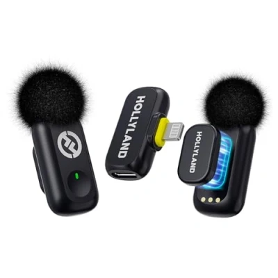 Immagine di Hollyland LARK A1 Mini Duo microfono wireless per iPhone 14/13/12 (2 TX + Lightning RX), magnetico YouTube, TikTok, podcast, vlogging (Nero, Senza Custodia di Ricarica)