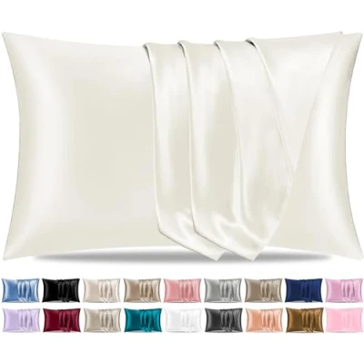 Immagine di Pamposh federe in raso di seta per capelli e pelle, confezione da 2 pezzi, dimensioni standard con chiusura a busta (2 (50 x 75 cm), bianco avorio