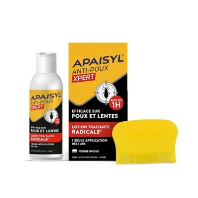 Immagine di APAISYL, Lozione Anti Pidocchi Xpert, Uccide 100% dei e delle Lendini in 1 ora, sola Applicazione, Micro emulsione brevettata, Pettine offerta, 100 ml