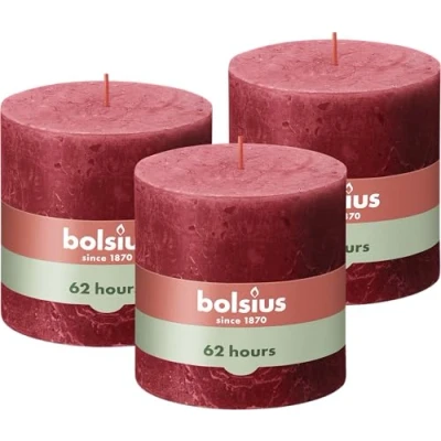 Immagine di Bolsius Rustik Candela a pilastro XXL, colore rosso, set da 3 pezzi, candele decorative per la casa, lunghezza 62 ore, non profumata, senza olio di palma, extra large, 10 x cm