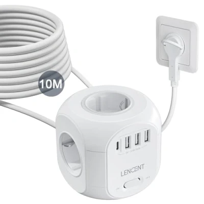 Immagine di LENCENT 8 in 1 Multipresa Cubo da 10M, Presa Multipla di Corrente con Spina Piatta, 4 Prese Schuko, 3 USB A e C, Europea Salvaspazio Interruttore per Cucina Casa Ufficio