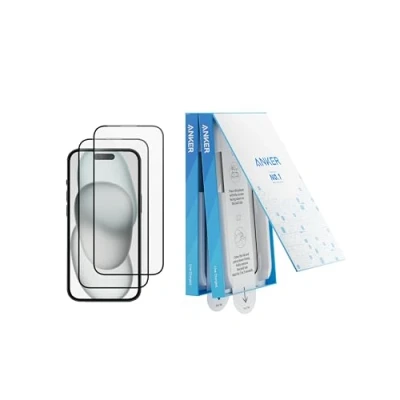 Immagine di Anker Confezione da 2 Pellicole protettiva di vetro temperato per iPhone 15 Plus, installazione facile e veloce, 8K Ultra HD, durezza 9H, resistente ai graffi agli urti, garanzia 12 mesi.
