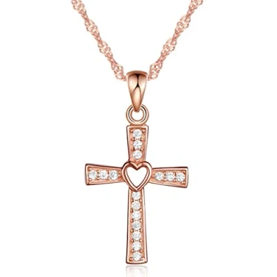 Immagine di Infinite U ciondolo classico a forma di croce con cuore, collana in argento sterling 925, zirconia cubica per donna/ragazza, oro rosa