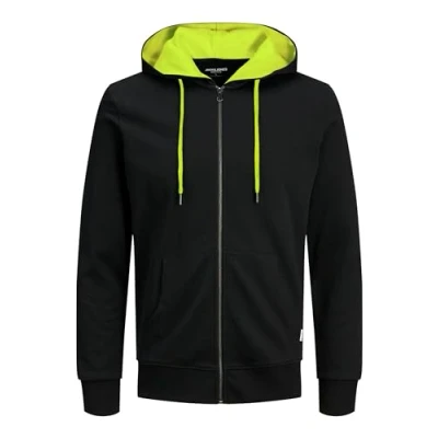Immagine di JACK &amp; JONES JJEBASIC Felpa con cappuccio da uomo, zip, colore: nero/giallo fluo, nero/neon (giallo di sicurezza), XL