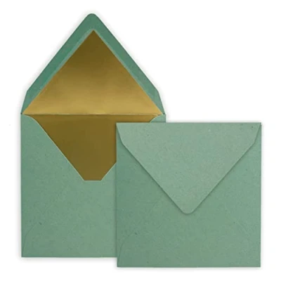 Immagine di 50x buste quadrate 15,5 x cm Colore: verde eucalipto (carta riciclata) foderato con carta metallizzata oro Incollaggio a umido per inviti e saluti cari
