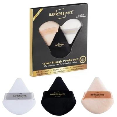 Immagine di ImpressionZ Streak Free Triangle Powder Puffs (3 Pcs) Reusable Velvet Makeup for Face Powder, Loose and Foundation Application Under Eye Puff Cream Liquid Blending