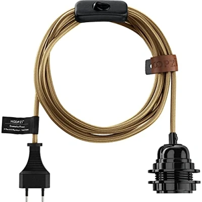Immagine di Hoopzi Bala Cavo Elettrico Tessuto 36 Colori 4,5 Metri Portalampada E27 con interruttore Lampade a Sospensione Colore Ottone