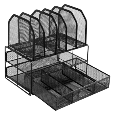 Immagine di Amazon Basics Organizer da scrivania in rete con cassetto a scorrimento, due scomparti e 5 sezioni verticali, Nero