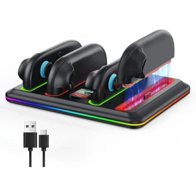 Immagine di Stazione di Ricarica Magnetica per Switch 2 Joy Con, Caricatore con Indicatore LED e Luci RGB, Dock Supporto Schede Gioco Accessorio Controller Nintendo