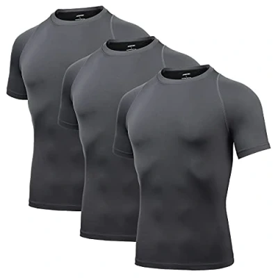 Immagine di AMZSPORT Maglietta a Compressione da Uomo, Maniche Corte, Funzionale, Cool Dry, per Allenamento e Corsa, 112025 grigio X 3, XL