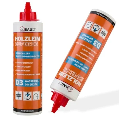 Immagine di dubaust WOD24 colla per legno D3 ad asciugatura rapida, impermeabile, duro e tenero, bianco trasparente dopo l&#039;indurimento (1, flacone da 500 g)