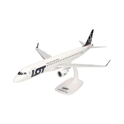 Immagine di herpa Snap Fit Modellino di aereo LOT Polish Airlines Embraer E195 SP LND, miniatura in scala 1:100, pezzo da collezione, modello con base, plastica