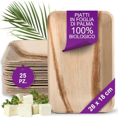Immagine di Waipur Piatti in Foglia di Palma Biologici 25 Rettangolare 28x18 cm usa e getta Compostabili Alta Qualità Eleganti Resistenti Come Bamboo