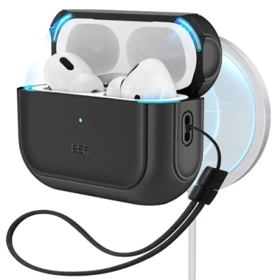 Immagine di ESR Cover per AirPods Pro 2/1 Gen (2023/2022/2019), Compatibile con 2 (USB C/Lightning Cable), Custodia abilitata a MagSafe, Protezione dalle cadute, Chiusura magnetica, Serie Orbit, Nero