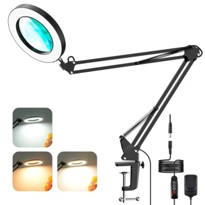Immagine di Lampada da Scrivania Ingrandente LED 5X, con Lente d&#039;Ingrandimento Estetista,Braccio Orientabile,Lampada Tavolo Pinza 3 Modalità Colore per Banco di Lettura o Salone Bellezza