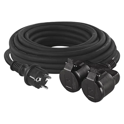 Immagine di cavo di prolunga EMOS con 2 prese Schuko, 10 m, doppia prolunga, contatti protezione, in gomma per uso esterno, IP44, H07RR F3G 1,5 mm2