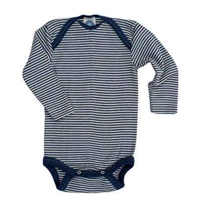 Immagine di Cosilana, Body a maniche lunghe, 70% lana, 30% seta, Blu scuro righe., 50/56 cm
