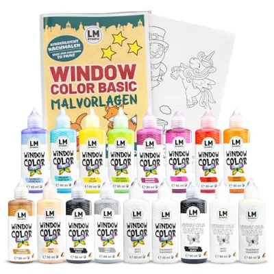 Immagine di LM Window Color Set (17 x 80 ml Basic con vernice per contorno e pagine da colorare) Pittura finestre rimovibile a base d&#039;acqua, superfici lisce come vetro, piastrelle specchio