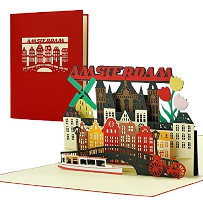 Immagine di biglietto di auguri per buono viaggio ad Amsterdam, pop up 3D, invito una vacanza, un in Olanda. bella idea regalo, A144AMZ