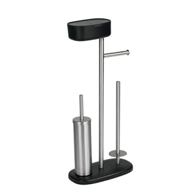 Immagine di WENKO Piantana set WC Rivazza con contenitore, portarotolo integrato, portascopino WC, di riserva, acciaio inox resistente contro la ruggine/plastica, 17x72,5x32cm, nero