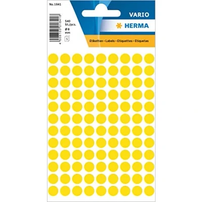Immagine di HERMA adesivi a pois gialli, 540 etichette, Ø 8 mm, 108 etichette per foglio, autoadesive rotonde colorate, puntini vuoti, circolari codifica colori calendario