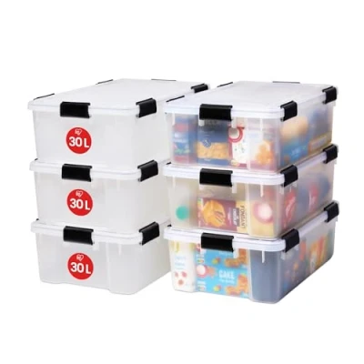 Immagine di Iris Ohyama, Scatole Portaoggetti Ermetiche in Plastica, 30L, Set di 6, Trasparente, Coperchio Impermeabile, con Chiusura, Impilabile, Per Esterni, Garage, Vestiti, Antipolvere, Senza BPA, AT LS