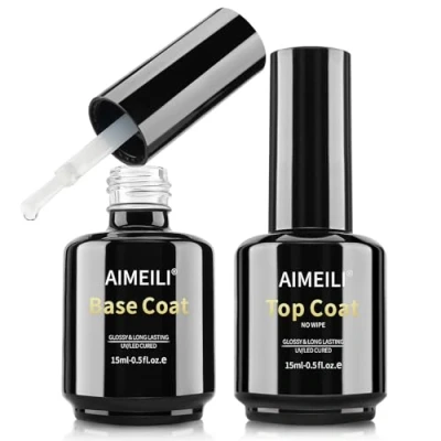 Immagine di AIMEILI Base Coat e No Wipe Top Gel, 2 x 15ml UV LED Nail Polish Lamp Immersion Gel Manicure Set, Senza Residui, Vegan, Lucentezza a Lunga Durata