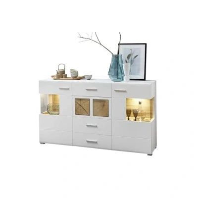 Immagine di FUN PLUS Credenza bianca con splendide applicazioni in legno Cassettiera moderna illuminazione a LED 170 x 94 42 cm